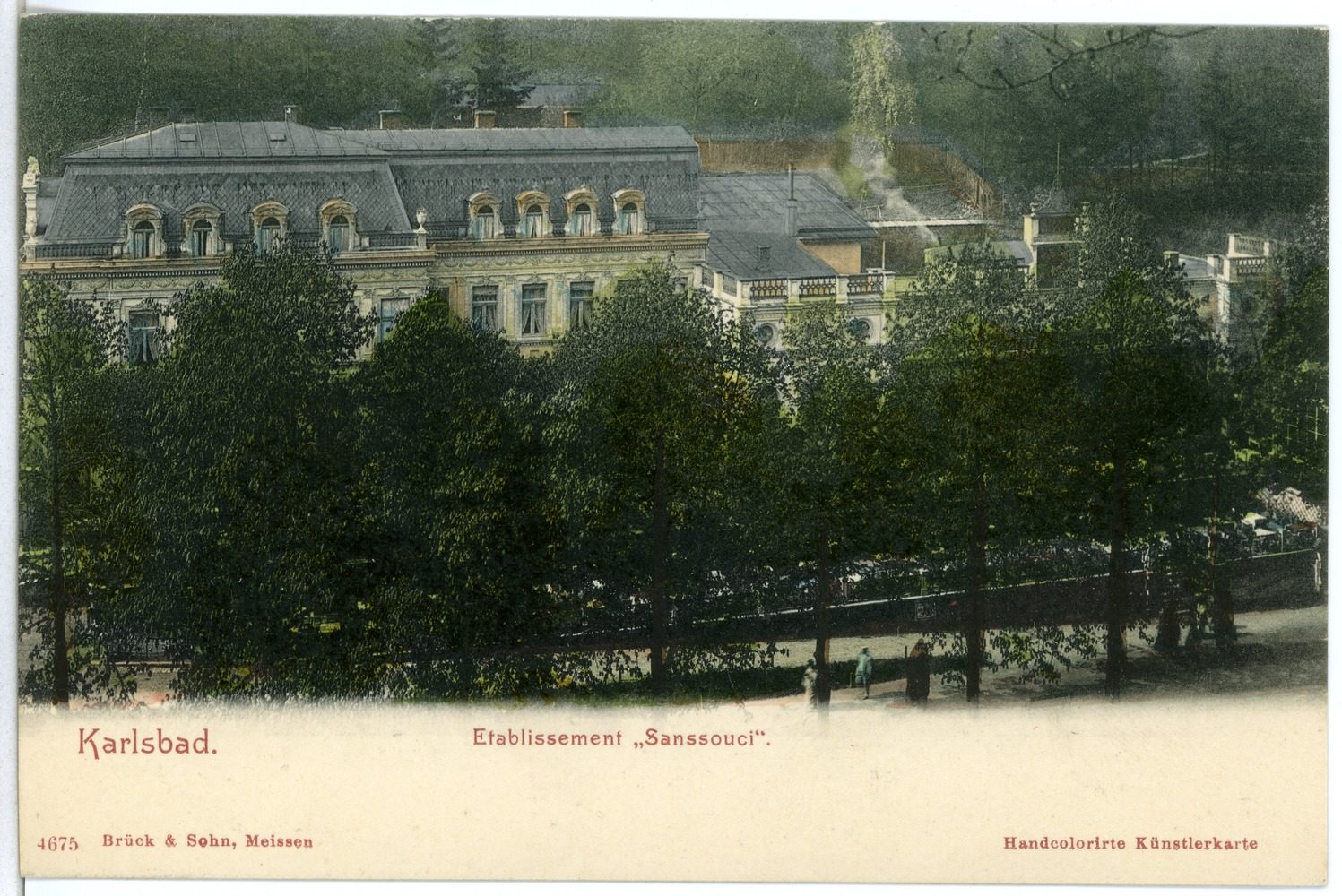 Pohlednice z roku 1903: Etablissement Sanssouci, dnes již zaniklé výletní místo nad Karlovými Vary.